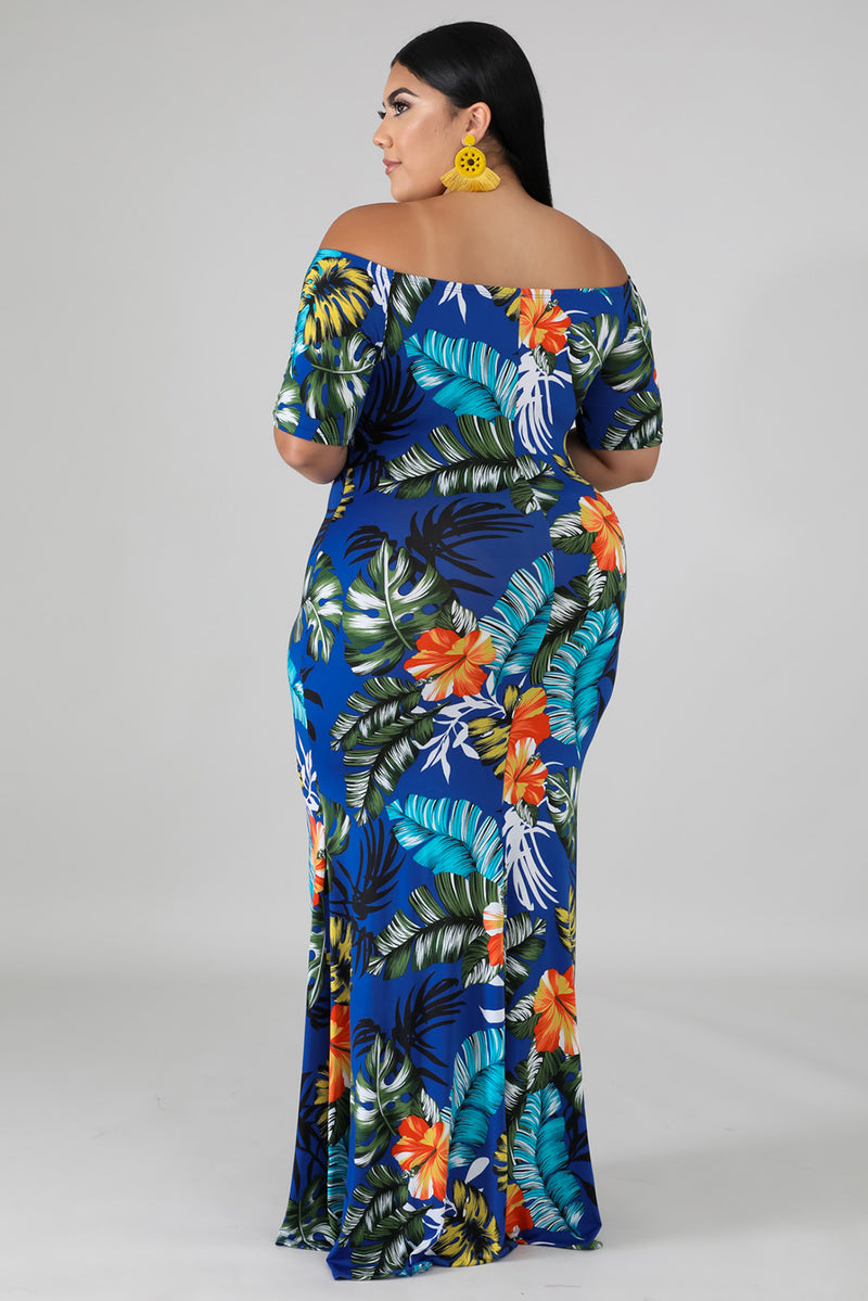 Green Off-the-shoulder Floral Print Plus Size Maxi Dress