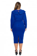 Blue Mesh Neck Patchwork Plus Size Midi Dress