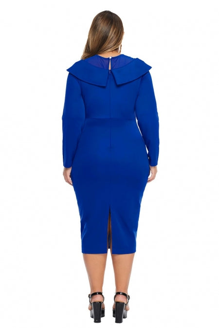 Blue Mesh Neck Patchwork Plus Size Midi Dress