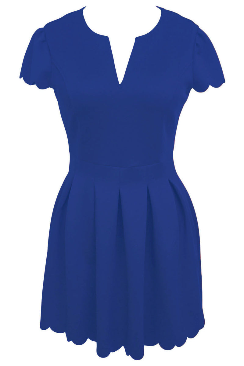 Blue Sweet Scallop Pleated Skater Dress