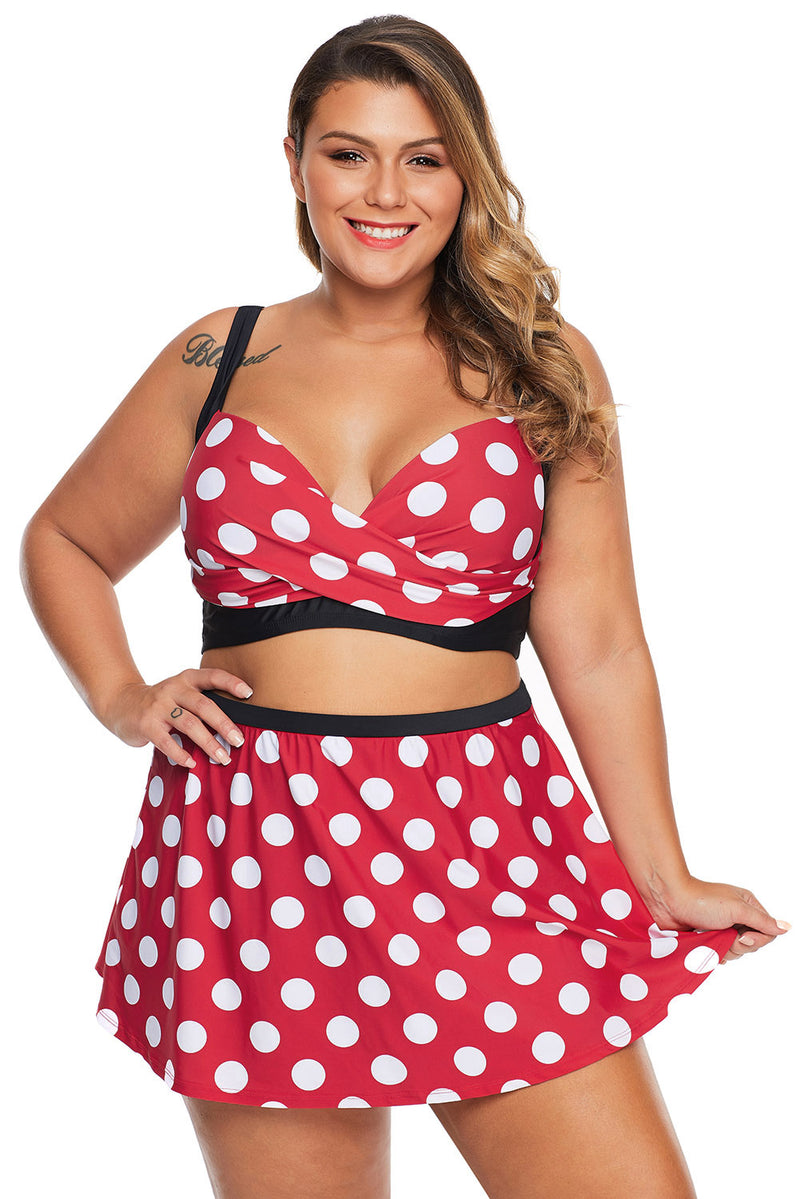 Plus Size Polka Dot White Red Bikini Top with Swim Skirt