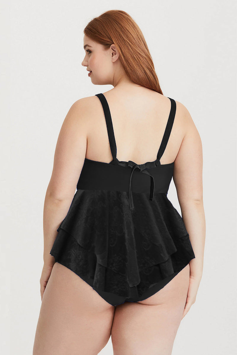 Black Plus Size Lace Surplice Ruffle One-piece Swimsuit