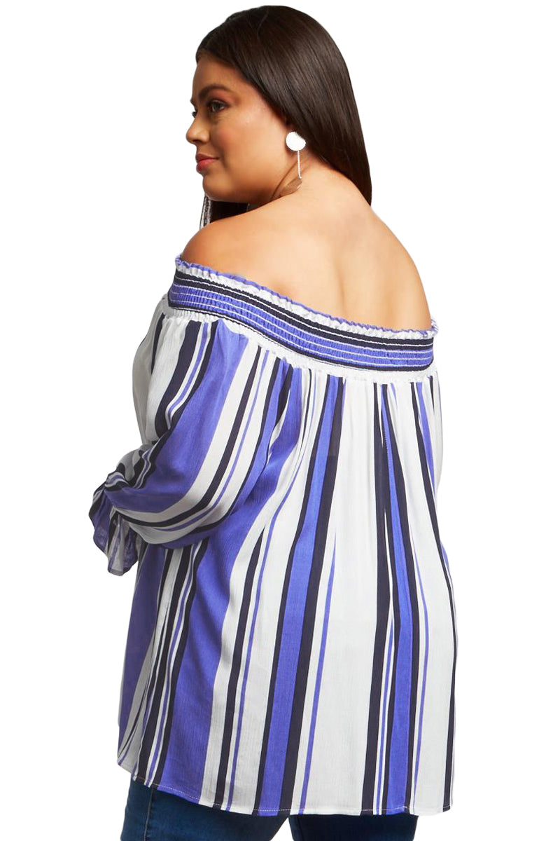 Blue Striped Plus Size Off Shoulder Blouse