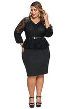 Black Plus Size Lace Bodice Peplum Dress with Belt