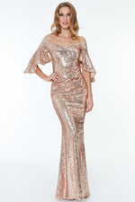 Apricot Off The Shoulder Sequined Maxi Dress