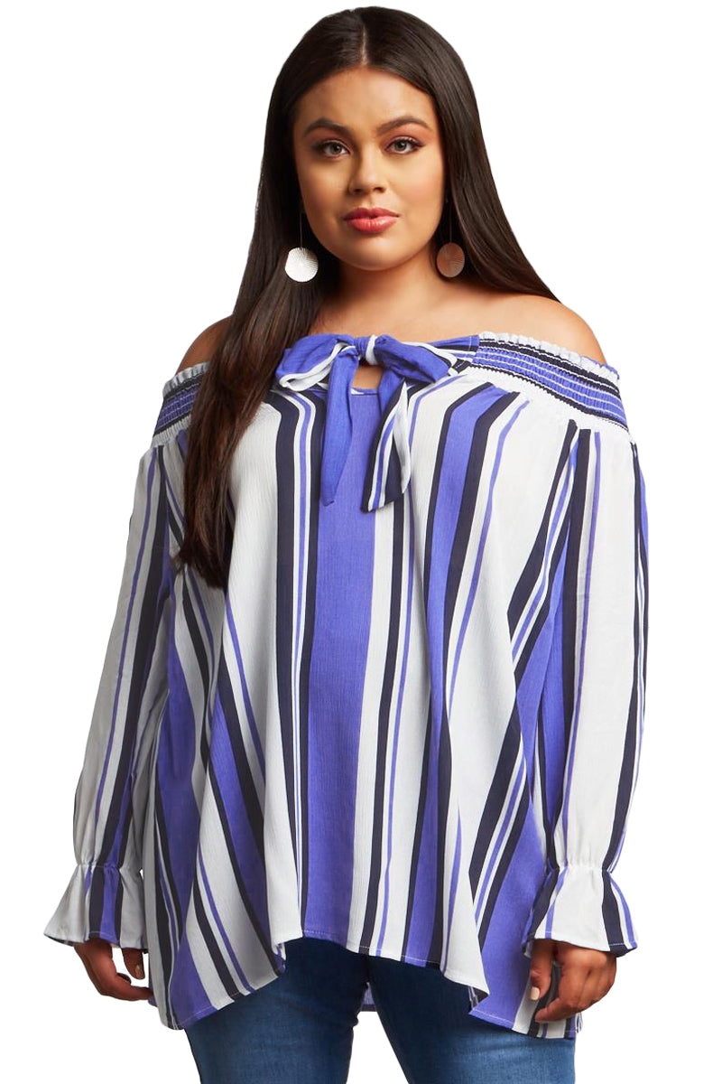 Blue Striped Plus Size Off Shoulder Blouse