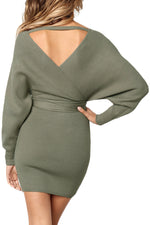 Olive Long Sleeve V Neck Tied Sweater Dress