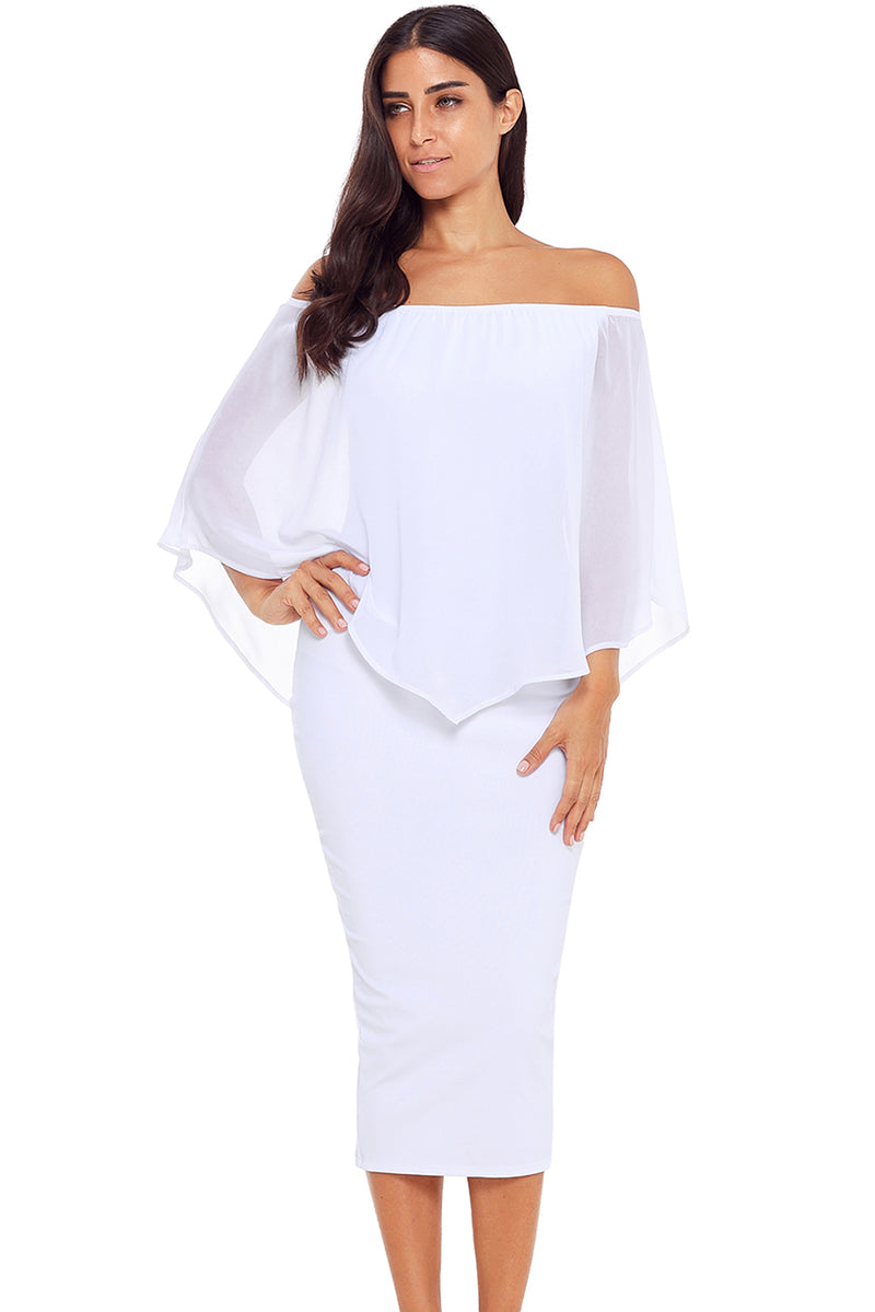 White Off Shoulder Sleeve Detail Bodycon Midi Dress