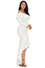 White Lantern Sleeve Asymmetric Ruffle Hem Evening Dress