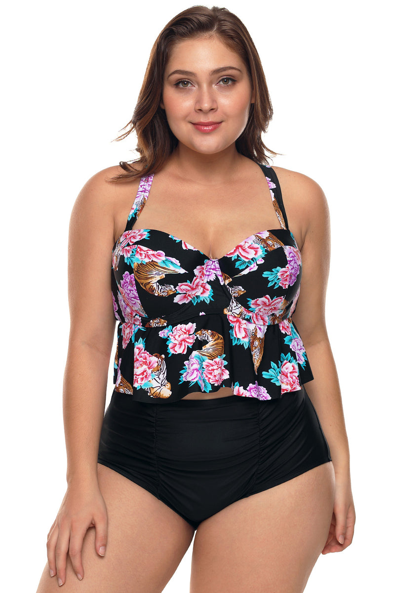 Peony and Tiger Print Ruffled Bikini High Waist Swimsuit