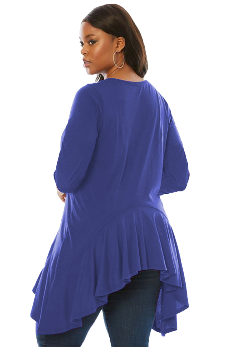 Blue Long Sleeve Frill Hemline Plus Size Tunic