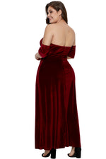 Burgundy Sweetheart Bandeau Off Shoulder Plus Velvet Gown