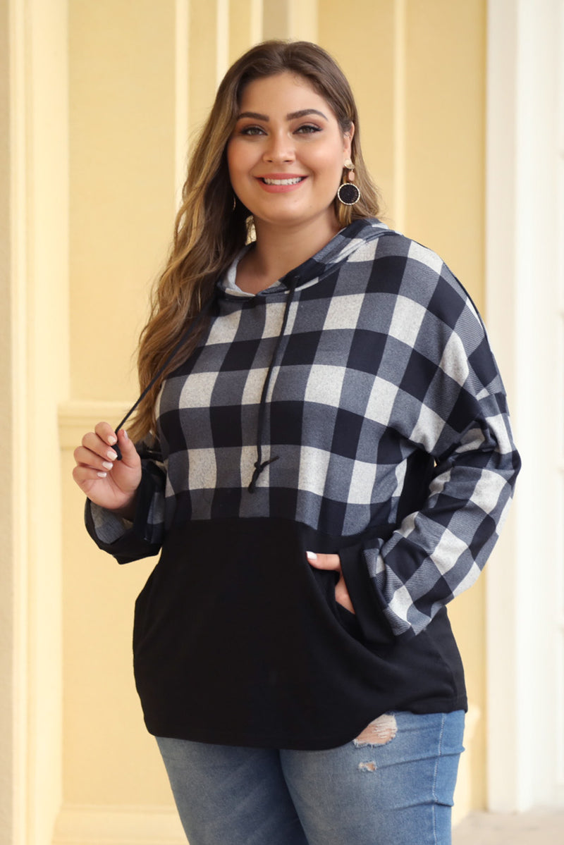 Black Plaid Patchwork Plus Size Hoodie