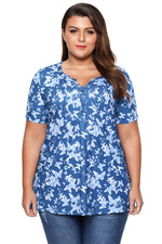 Blue Butterfly Print Pin Tuck Plus Size Blouse