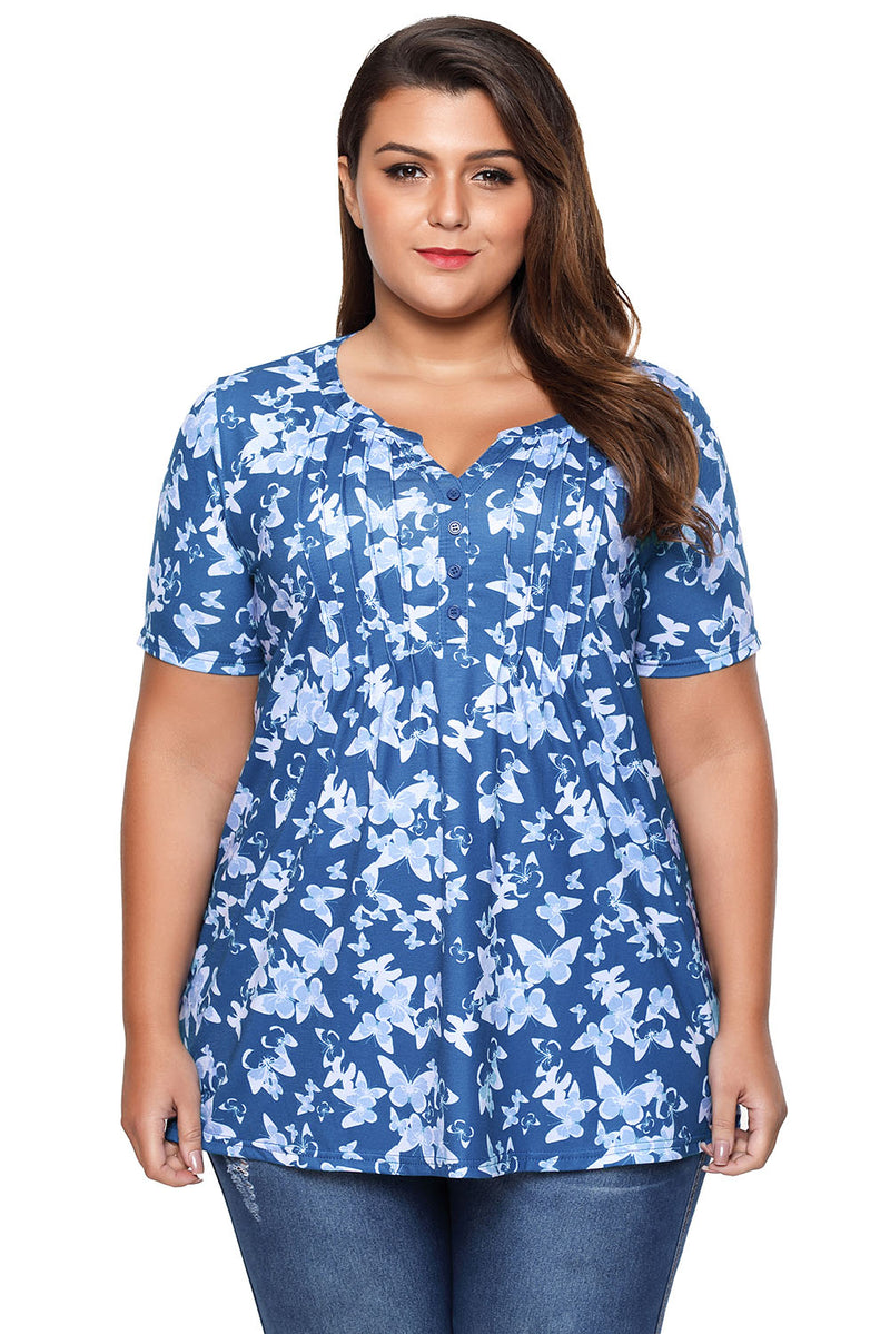 Blue Butterfly Print Pin Tuck Plus Size Blouse