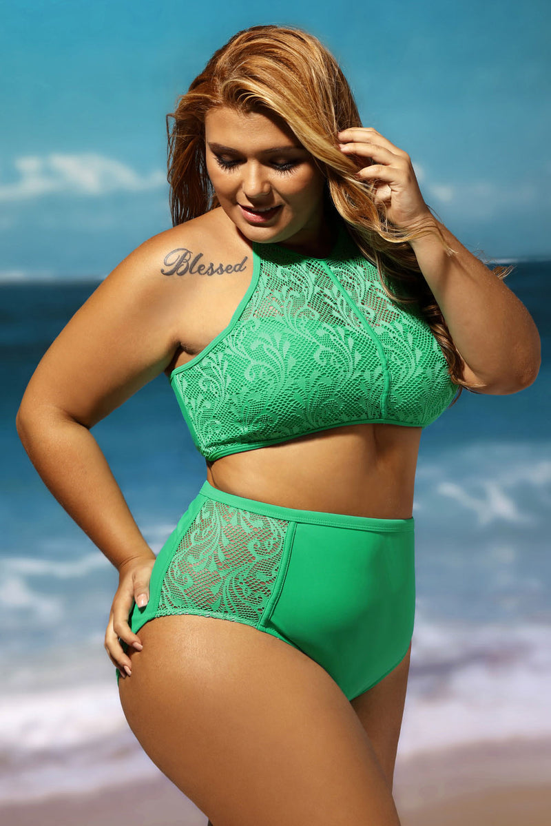 Green Patterned Mesh Insert Plus Size Swimwear