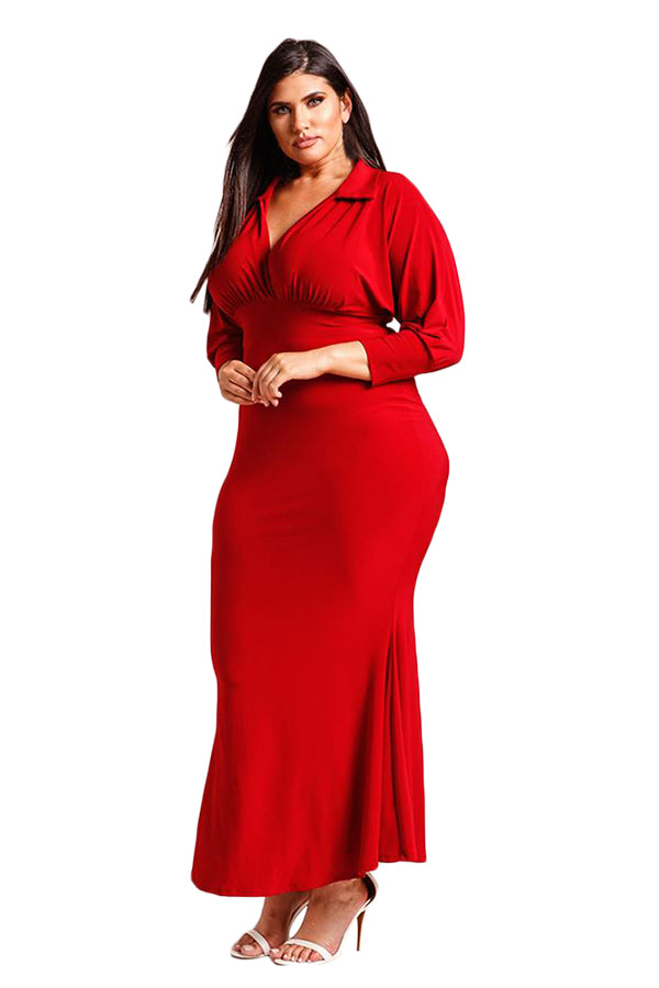 Red Plus Size Collared Deep V Maxi Dress