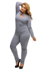 Gray Plus Size Slit Long Sleeve Jumpsuit