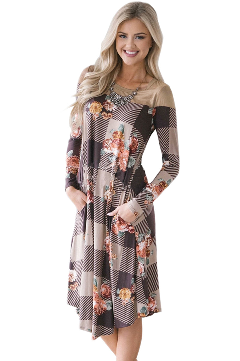 Brown Floral Checked Long Sleeve Casual Midi Dress