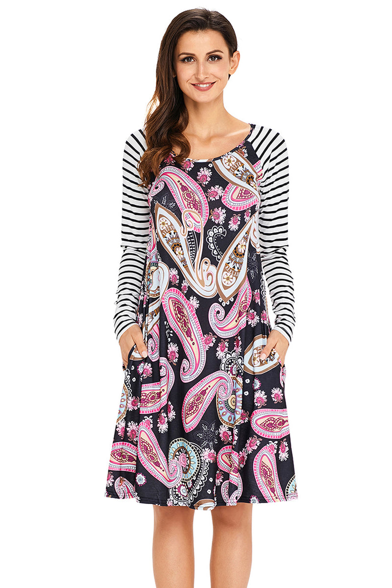 Black Paisley Print Stripe Raglan Sleeve Dress