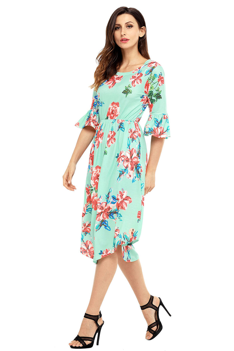 Green 3/4 Bell Sleeve Floral Midi Dress