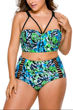 Plus Size Blue Green Print High Waist Bikini Swimsuit