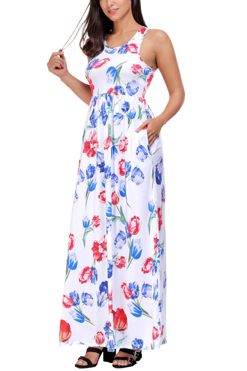 White Blossom Print Sleeveless Long Boho Dress