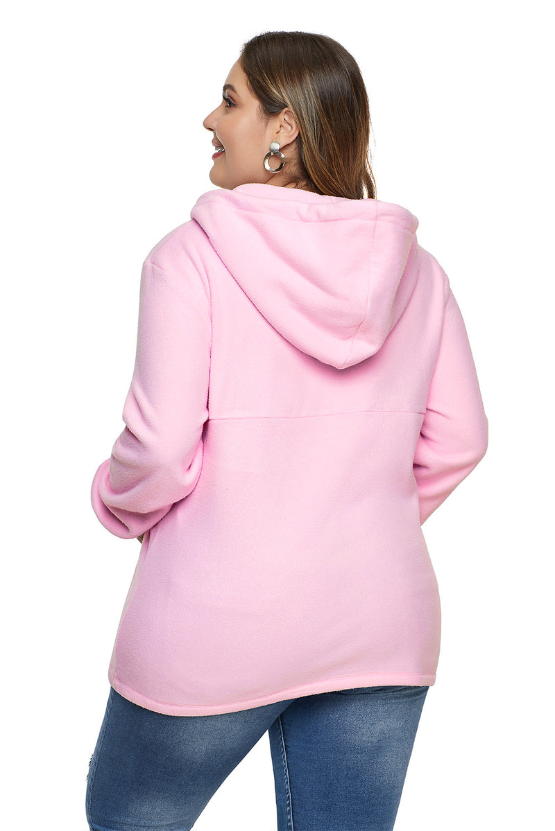 Pink Zip Neck Drawstring Plus Size Hoodie