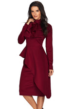 Burgundy Asymmetric Peplum Style Pussy Bow Dress