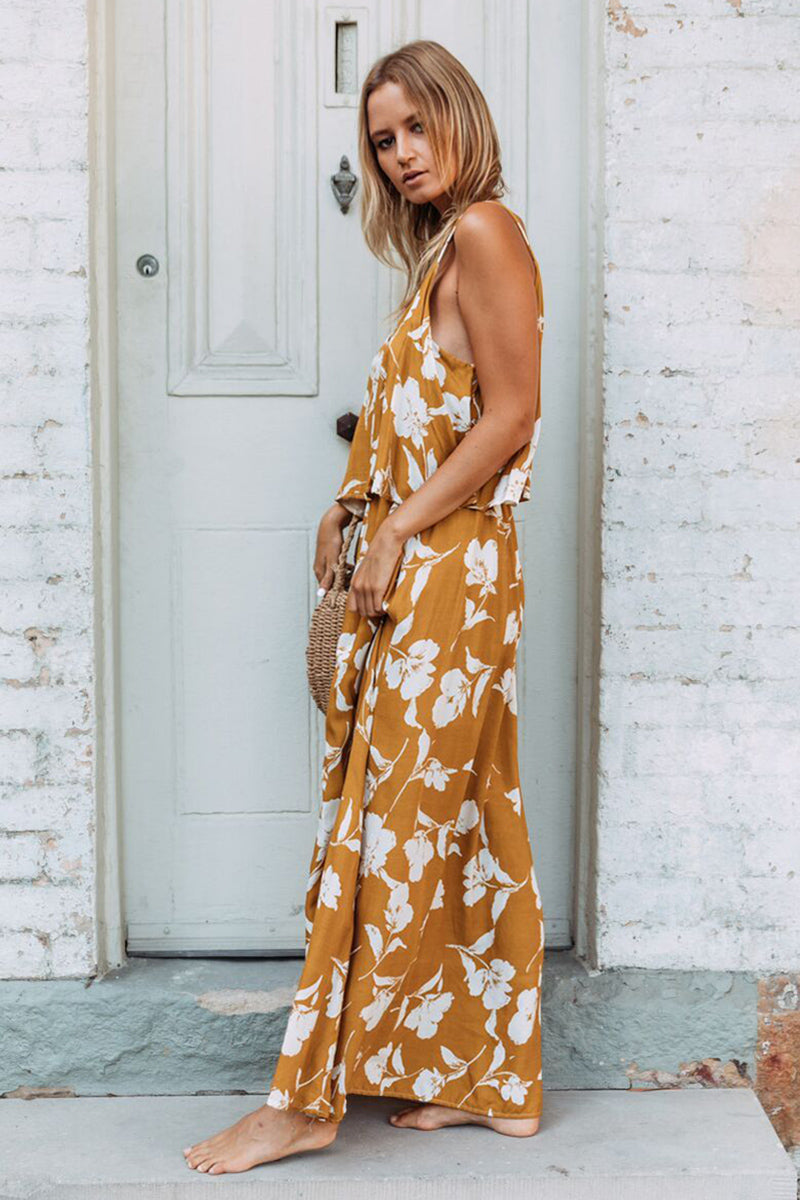 Chic Summer Boho Floral Maxi Dress in Mustard