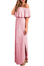 Pink Flounce Off Shoulder Maxi Jersey Dress