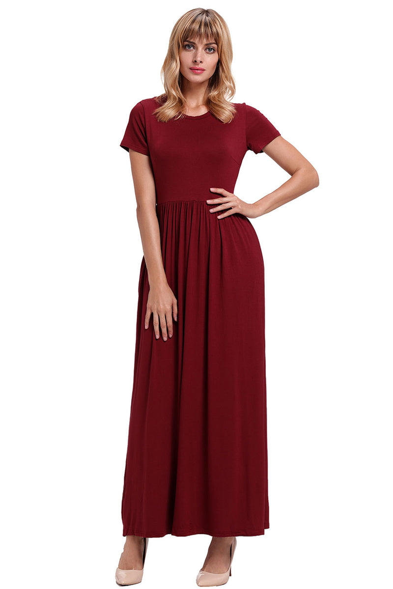 Wine Short Sleeve Ruched Waist Maxi Dress