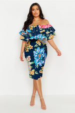 Blue Plus Off Shoulder Floral Ruffle Midi Dress