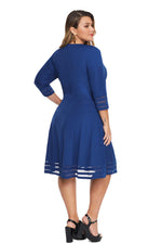 Blue 3/4 Length Sleeve Gauze Patchwork Flare Plus Size Dress