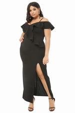 Black Plus Size Open Shoulder Ruffle Dress