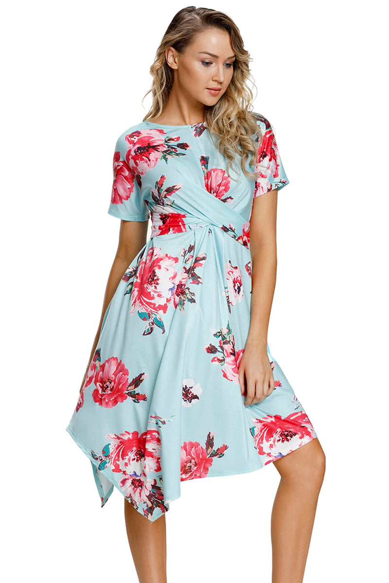 Light Mint Floral Print Twist Front Handkerchief Hem Dress