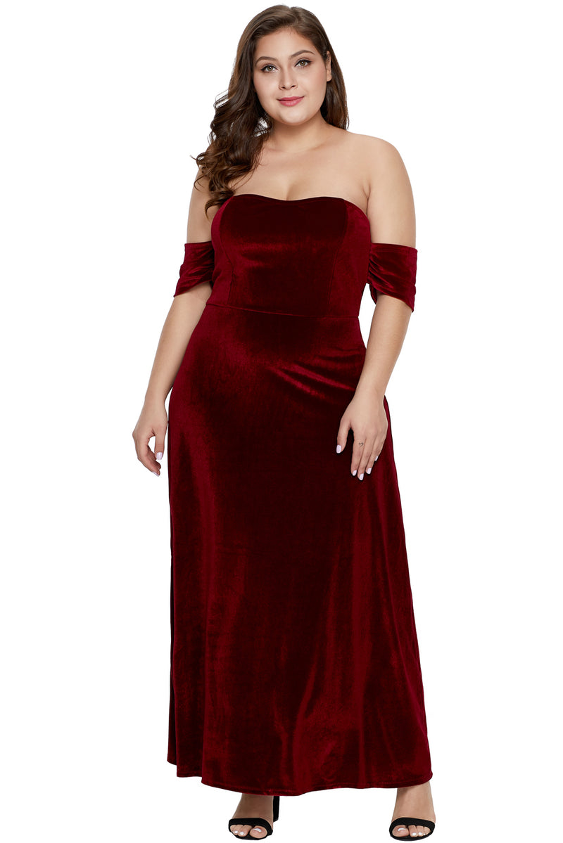 Burgundy Sweetheart Bandeau Off Shoulder Plus Velvet Gown