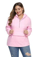 Pink Zip Neck Drawstring Plus Size Hoodie