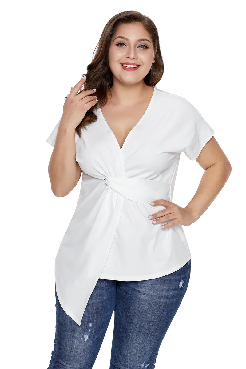 White Plus Size Twist Front Top