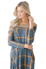 Slate Blue Checked Long Sleeve Casual Midi Dress