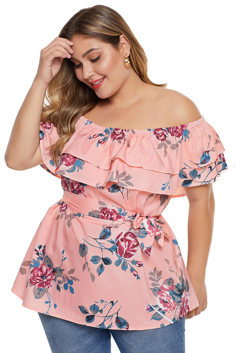 Pink Plus Size Floral Tiered Off the Shoulder Top