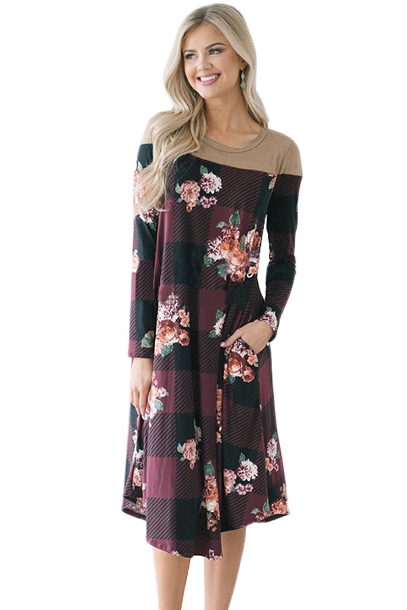 Burgundy Floral Checked Long Sleeve Casual Midi Dress