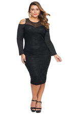 Black Cold Shoulder Mesh Yoke Plus Size Dress