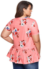 Pink Floral Print Short Sleeve Plus Size Top