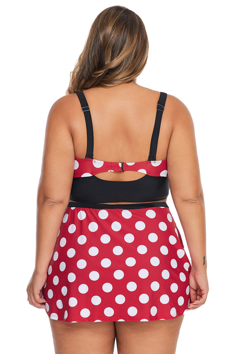 Plus Size Polka Dot White Red Bikini Top with Swim Skirt