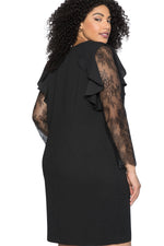 Black Ruffle Trim Lace Sleeve Plus Size Shift Dress