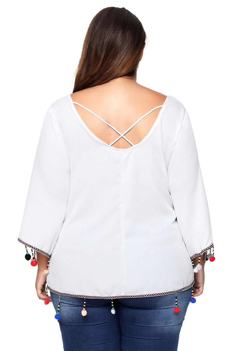 White Plus Size Crepe Pom Pom Cross Strap Blouse