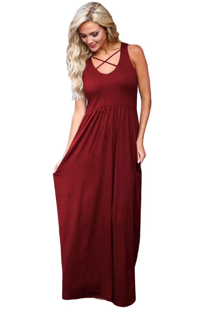 Red Crisscross Neck Detail Sleeveless Maxi Dress