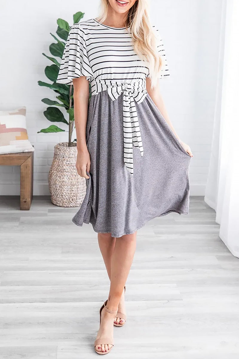 Gray Striped Shirt Tie Front Casual Midi Dress