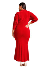 Red Plus Size Collared Deep V Maxi Dress